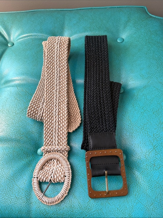 Accessories - Set of two woven wide statement belts black and natural M/L boho cinching